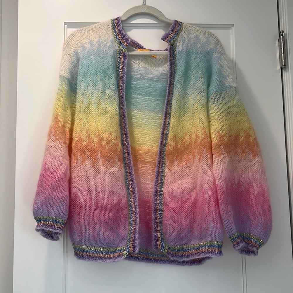 Rose Carmine rainbow hand-made cardigan, one size